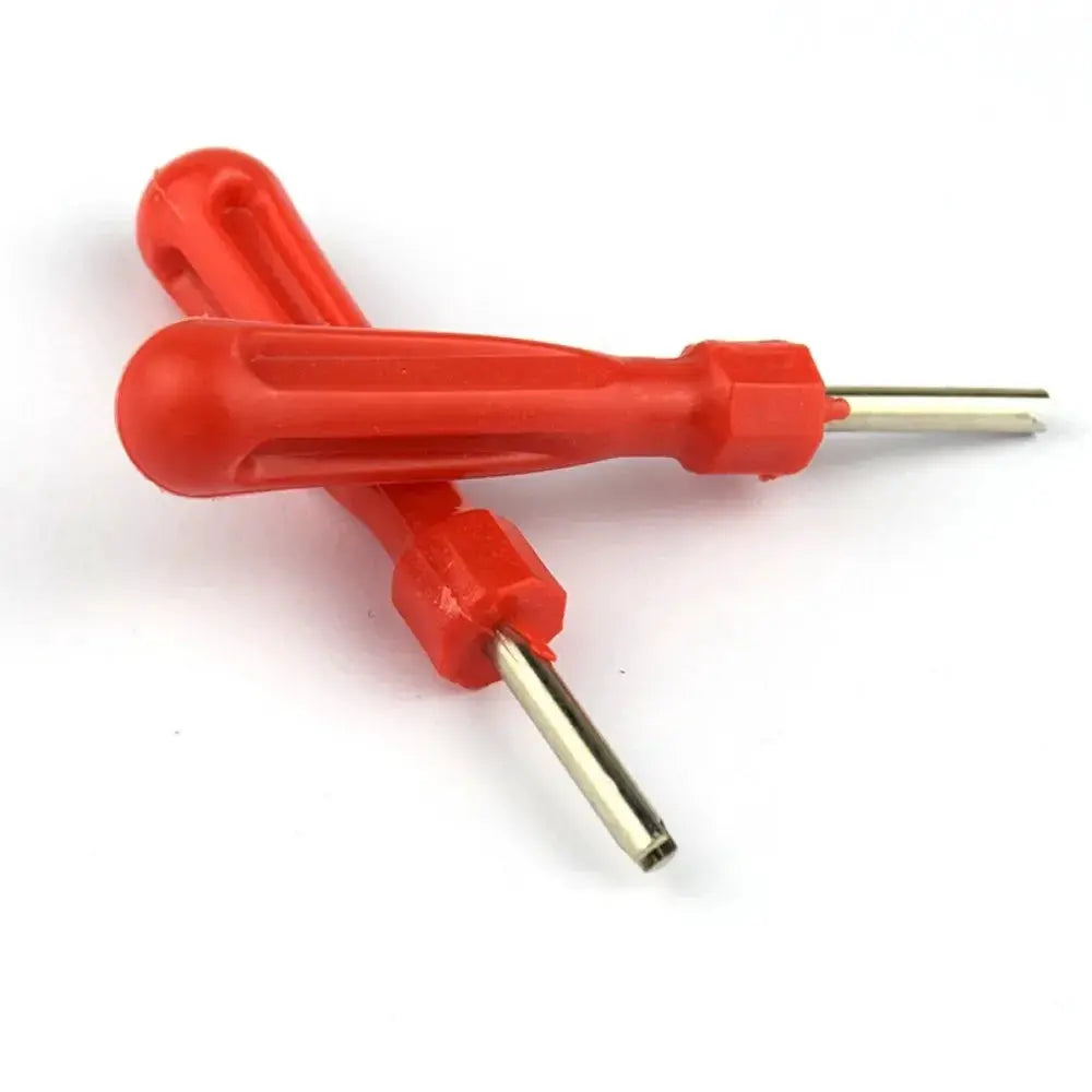 Tire valve core removal tool set with red plastic handles; two-piece metal shaft tools.