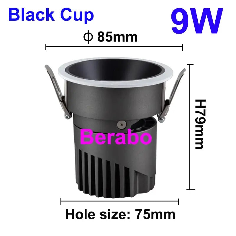 Recessed LED downlight, black cup with Berabo branding, 75mm hole, 85mm opening, 9W