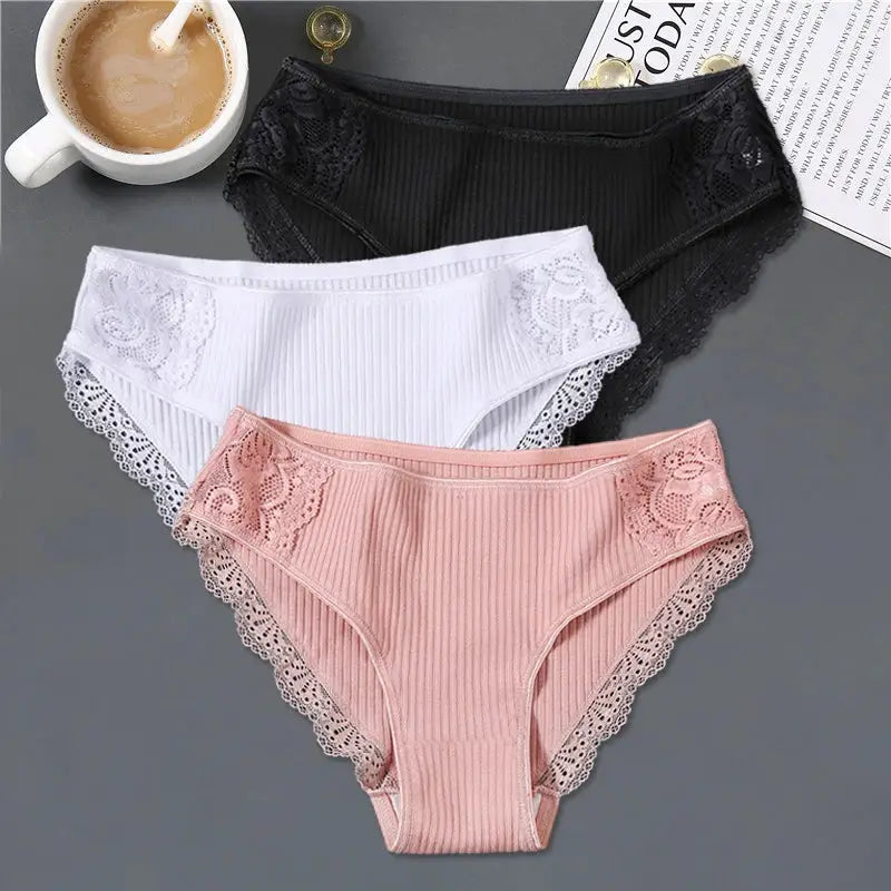 FINETOO 3-Piece women's cotton panties set with lace patchwork, low-rise briefs in black, white, and pink