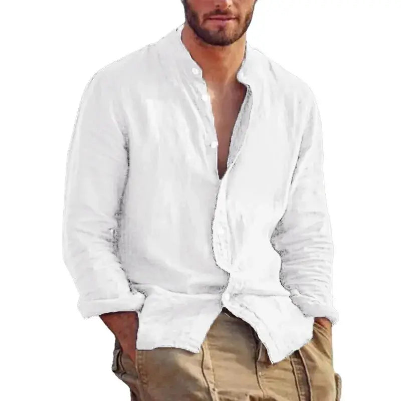 Linen long-sleeve shirt by Simples Market, white, stand collar, lightweight casual top