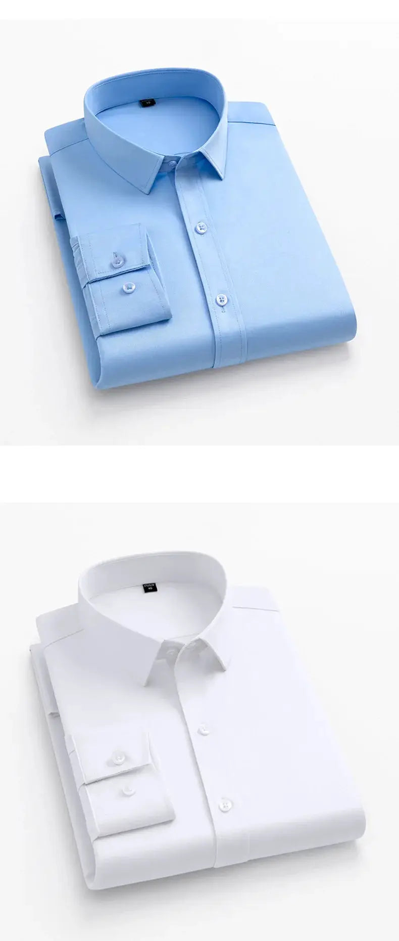 BAMBOOPLE non-iron men's dress shirts; two pocketless shirts in blue and white, slim fit.