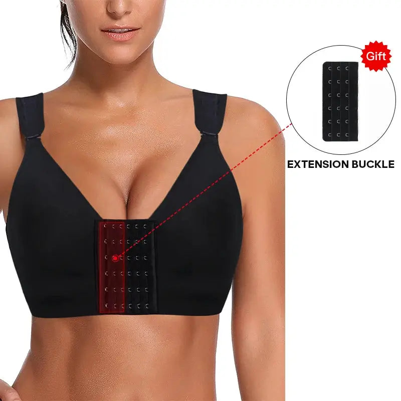 Burvogue front-closure seamless padded bra with extension buckle, black