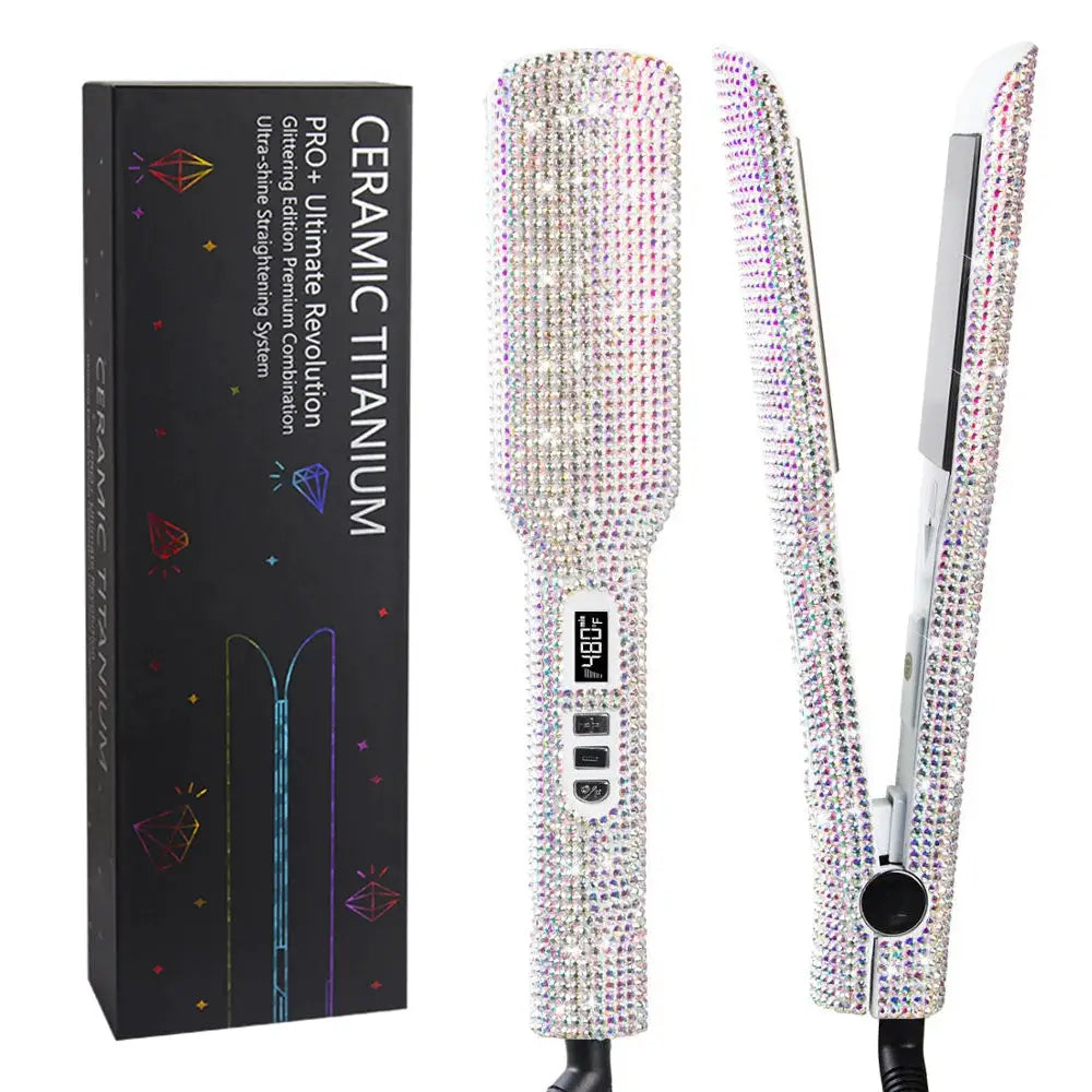 Rhinestone titanium hair straightener with 2-inch plates, LCD display, dual voltage by Simples Market.
