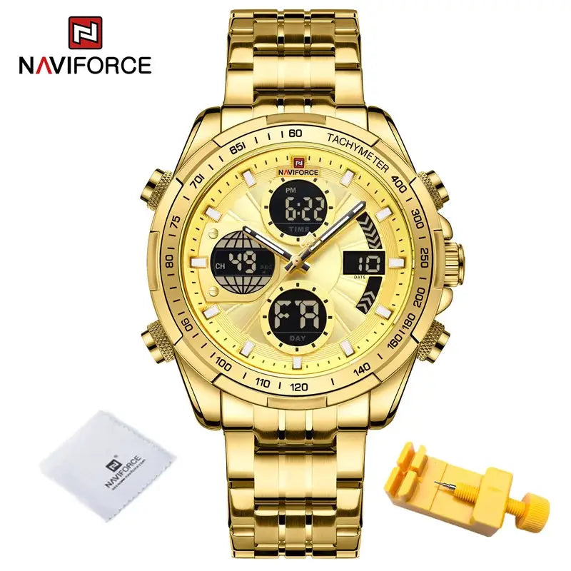 NAVIFORCE men's gold-tone stainless steel watch with analog-digital dual display