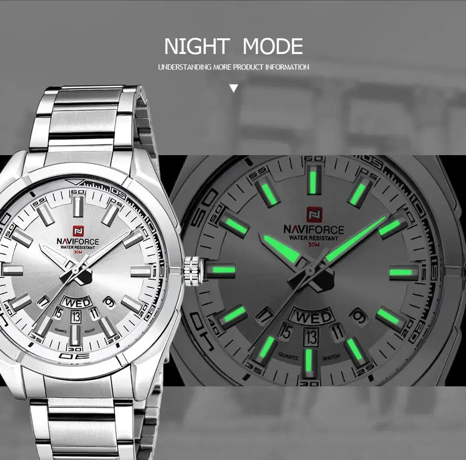 NAVIFORCE Classic Casual Watch for Men, stainless steel, water resistant 30m, date display, luminous markers