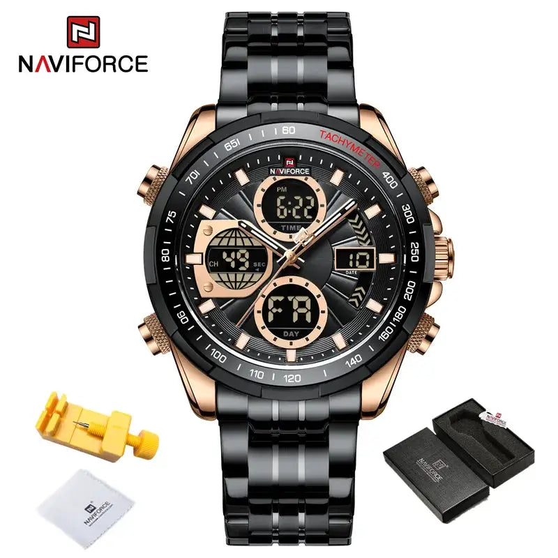 Naviforce men's wrist watch with black stainless steel band, rose-gold accents; dual display, quartz, waterproof