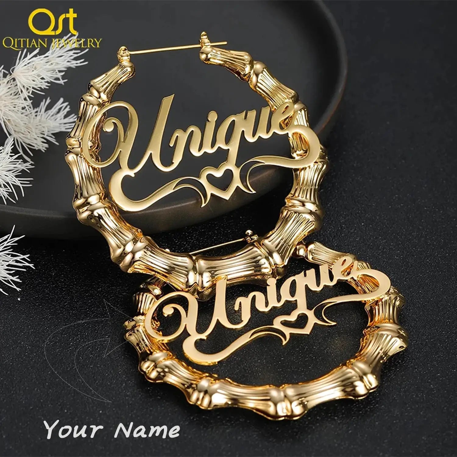 Pair of gold-tone bamboo hoop earrings with a custom name pendant, 30mm-100mm, by Qitian Jewelry