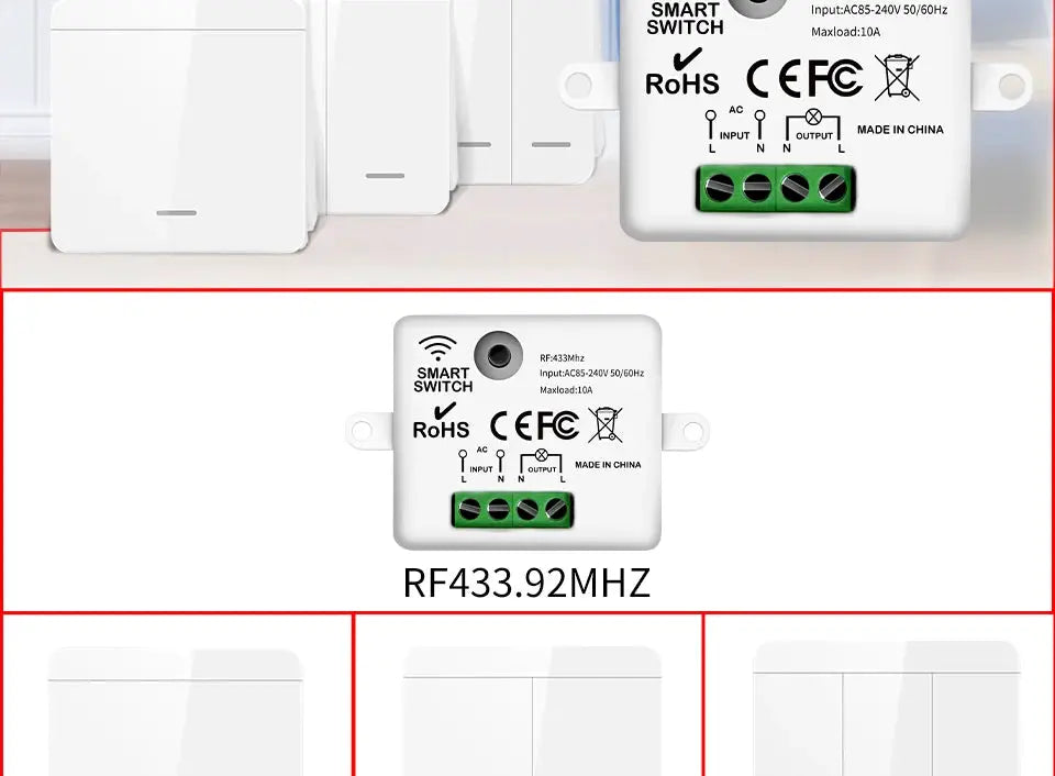 RF433MHz wireless remote-controlled wall switch module, white, Simples Market, for 1/2/3-gang lights, 10A, 110/220V