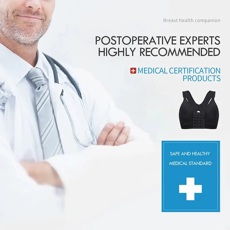 Post-surgery bra, black, front-closure padded seamless design; shown with doctor in white coat and medical graphics