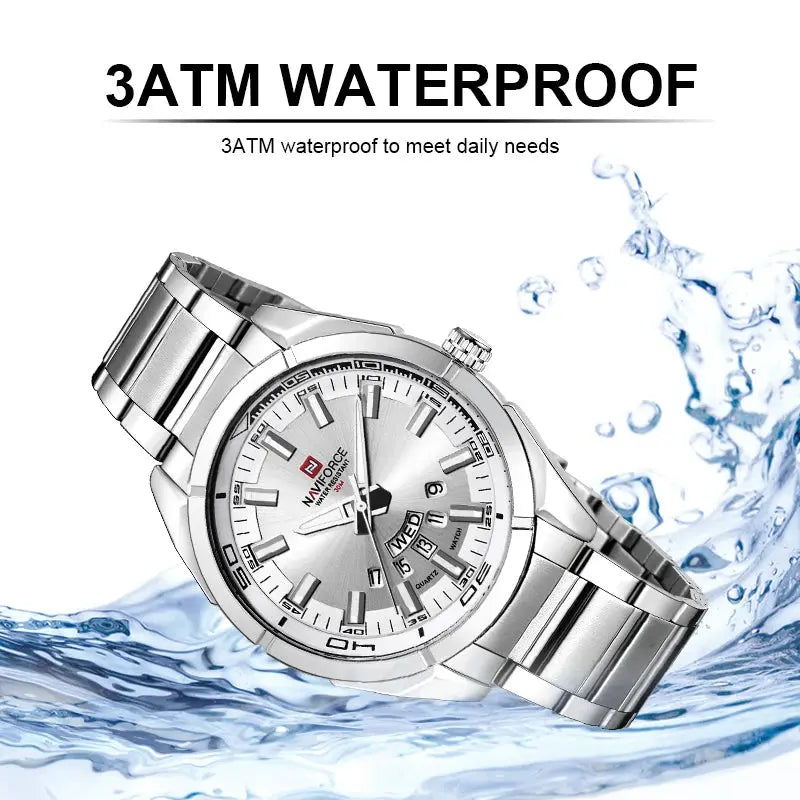 NAVIFORCE stainless steel men's wristwatch, casual sport style, 3ATM waterproof, date display