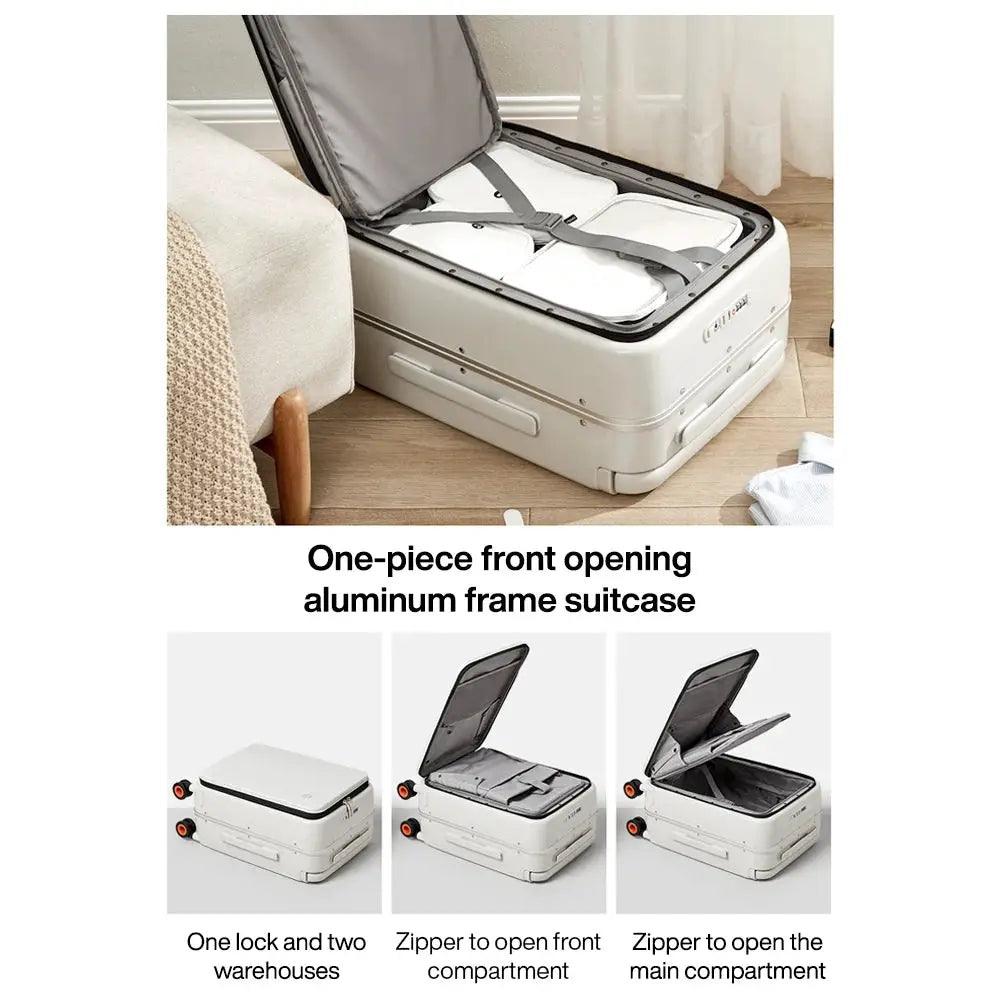 Mixi 20-inch cabin suitcase by Simples Market, white PC aluminum frame with one-piece front-opening and interior straps
