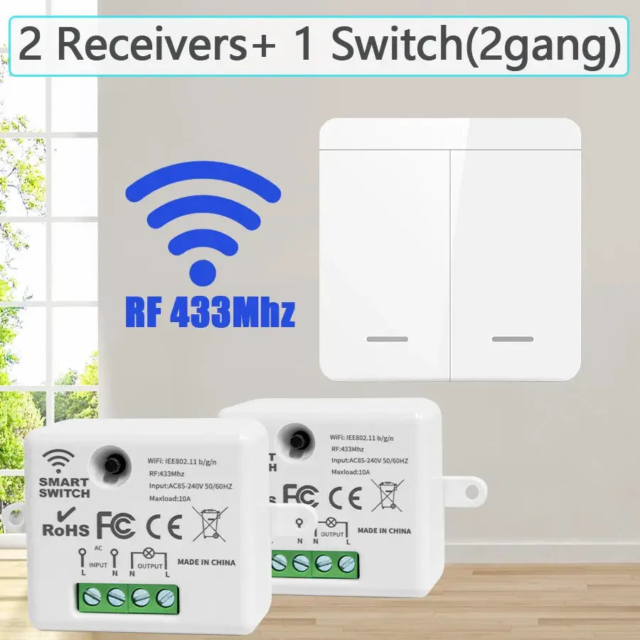 White RF433 wireless switch kit with two receivers and a 2-gang wall switch; green terminal blocks