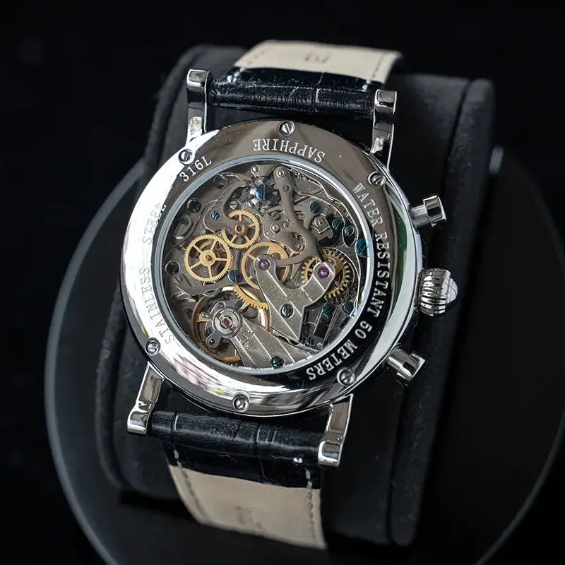 Men's Sugess ST1908 skeleton mechanical chronograph watch with stainless steel case and black leather strap