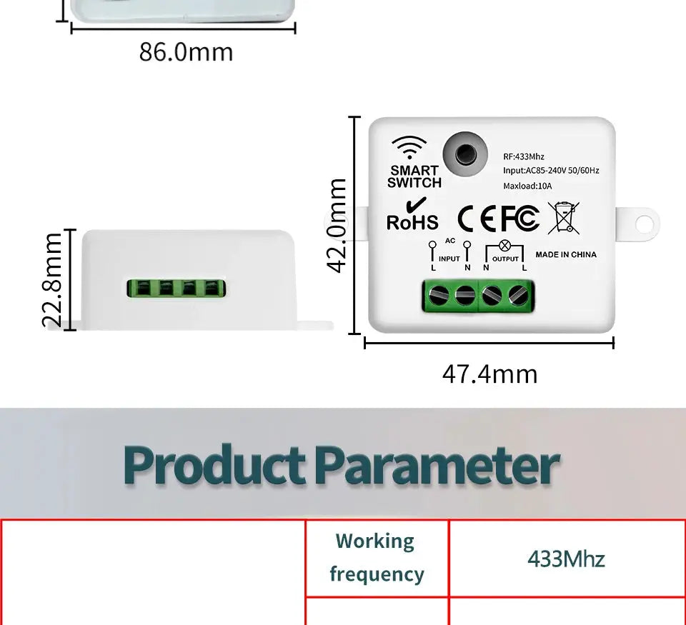 Simples Market wireless RF433 smart switch module, 1–3 gang wall switch, white with green terminals, 10A 110–240V
