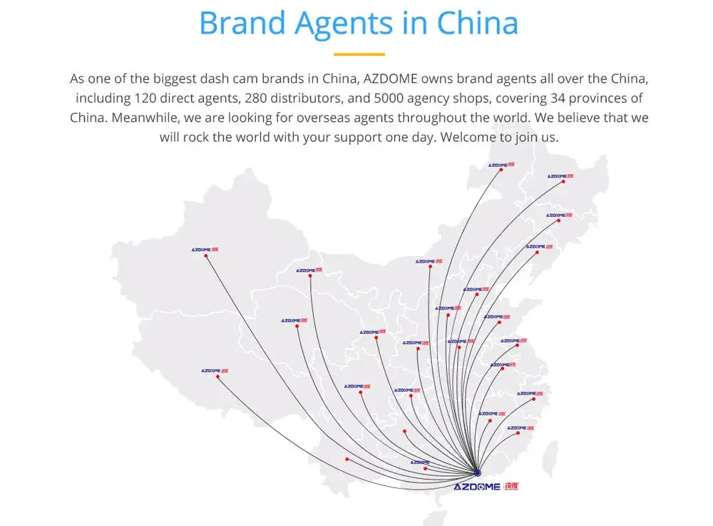 AZDOME M550 Pro dash cam brand map showing AZDOME agents across China for Simples Market