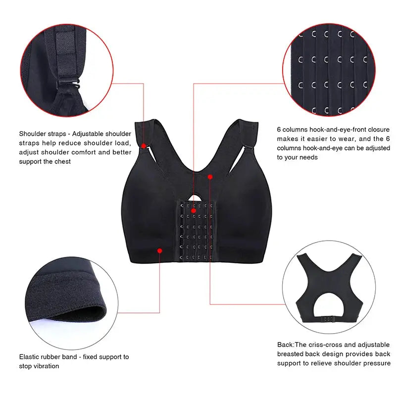 Burvogue black front-closure padded seamless bra with adjustable straps and six-column hook-and-eye closure
