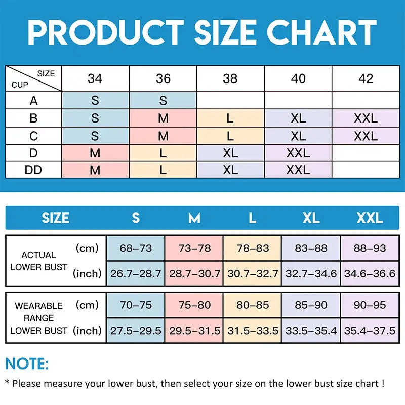 Burvogue bra size chart by Simples Market showing actual lower bust and wearable range for sizes S–XXL.