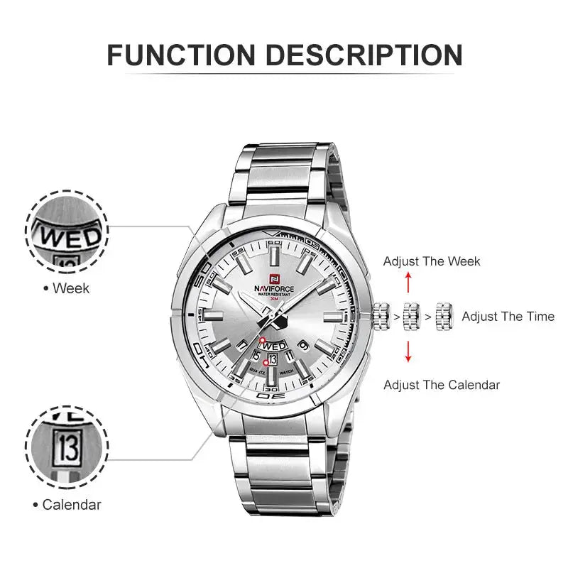 NAVIFORCE men's stainless steel casual sport watch with date, day, and calendar display