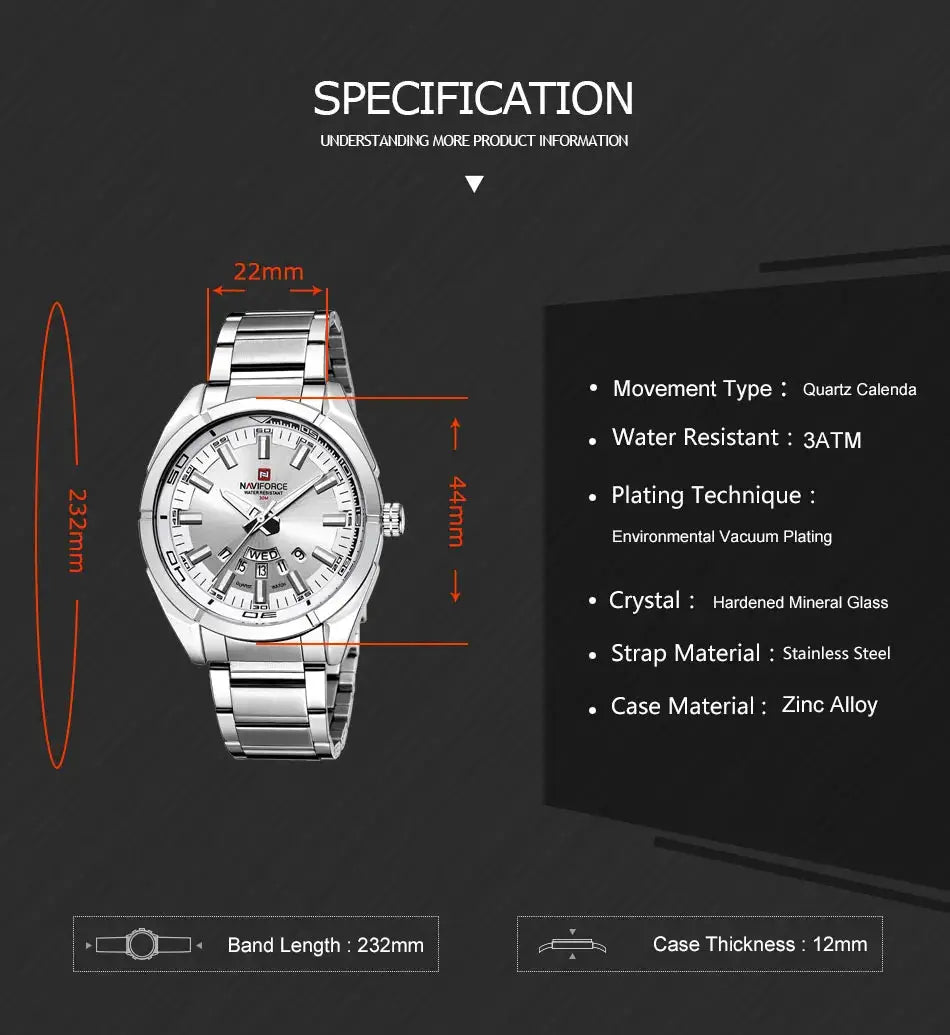 NAVIFORCE stainless steel men's watch with silver dial and metal bracelet, date display, water resistant