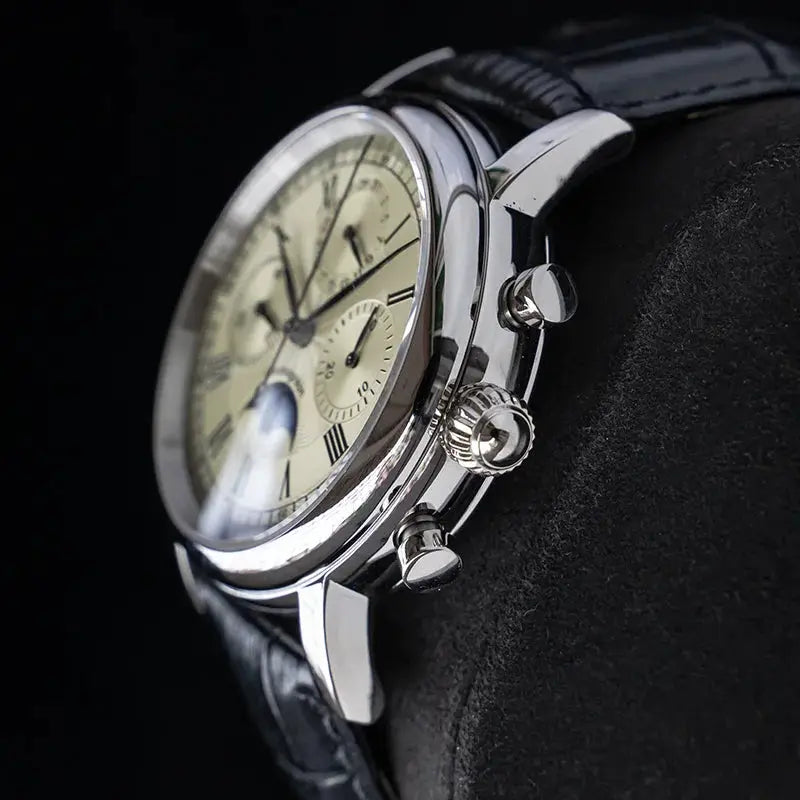 Sugess ST1908 men's mechanical chronograph watch with moonphase, silver case, cream dial, leather strap