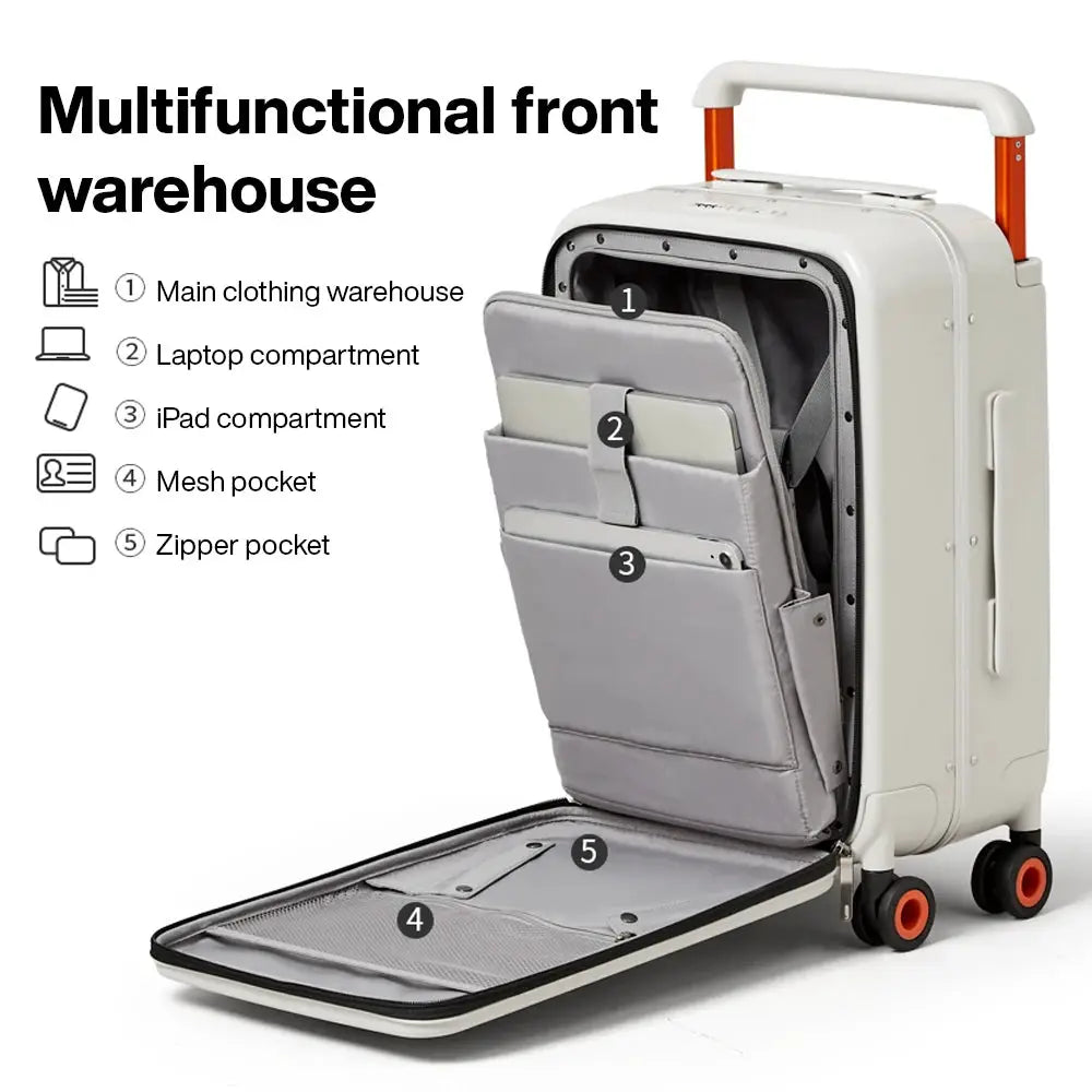 Simples Market Mixi 20-inch carry-on suitcase with wide handle and multi-pocket interior organizer, white case