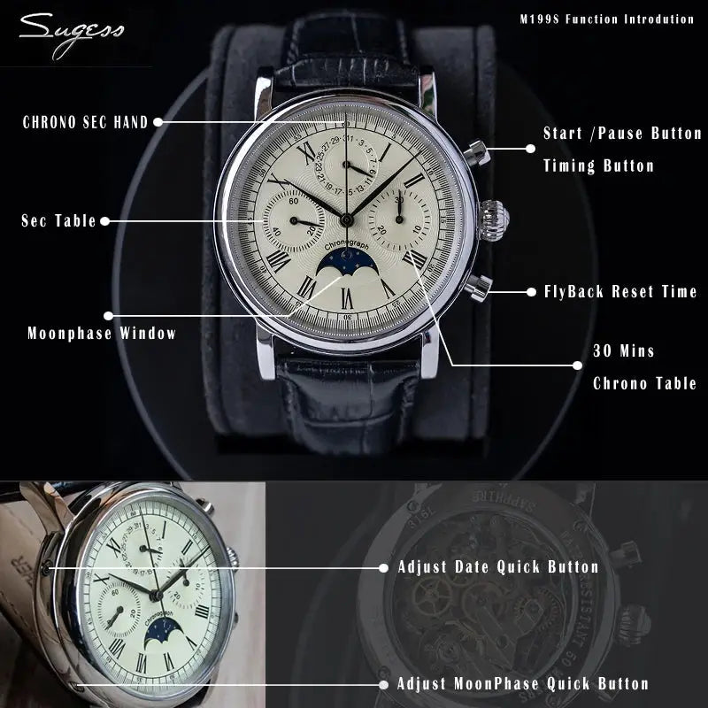 Sugess men's ST1908 mechanical chronograph wristwatch with moonphase, cream Roman-numeral dial, black leather strap
