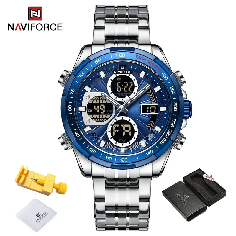 Naviforce men's stainless steel sport watch with blue bezel and dual display