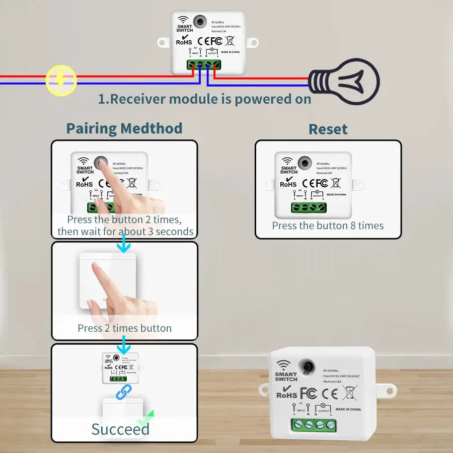 Wireless RF433 smart switch modules 2-pack by Simples Market for 1/2/3 gang wall lights, white, 10A 110/220V