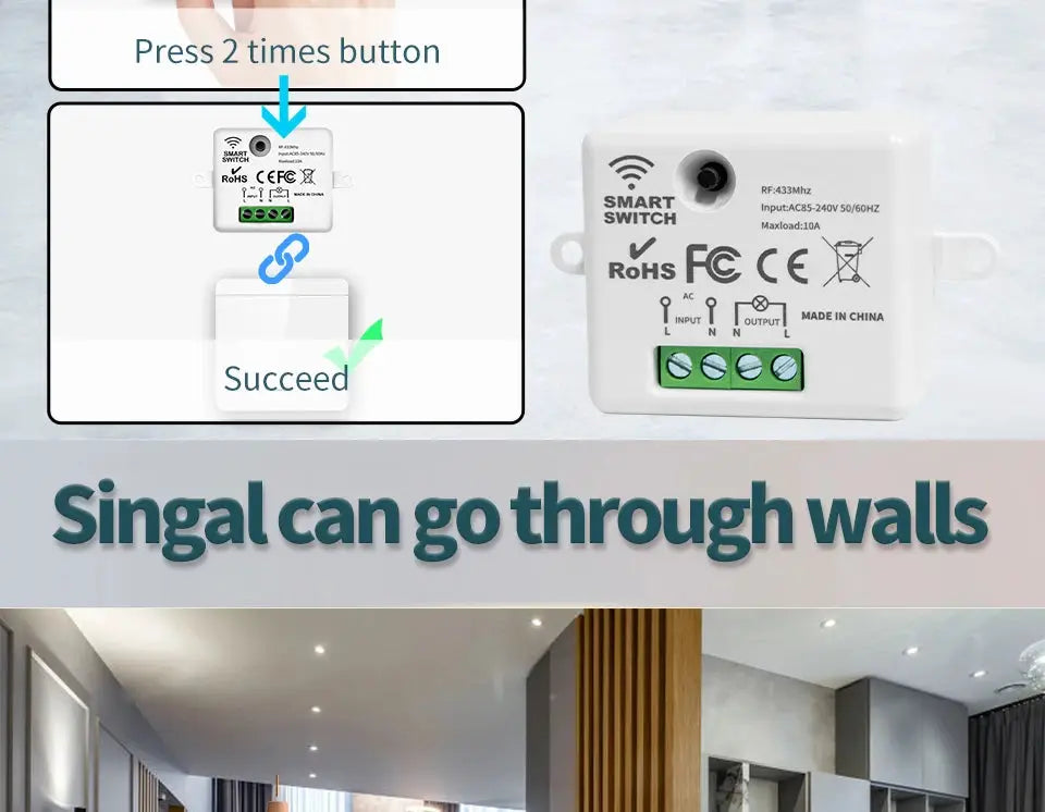 Simples Market wireless RF433 wall switch module for 1/2/3 gang, 110–240V, 10A, remote control