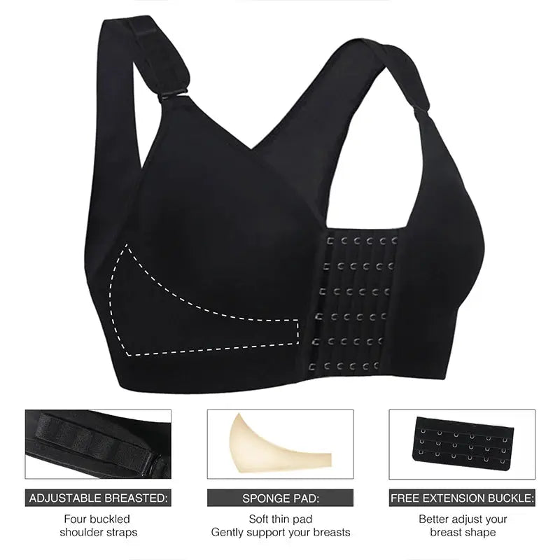 Burvogue post-surgery seamless padded bra for women, black front-closure with adjustable straps, Simples Market