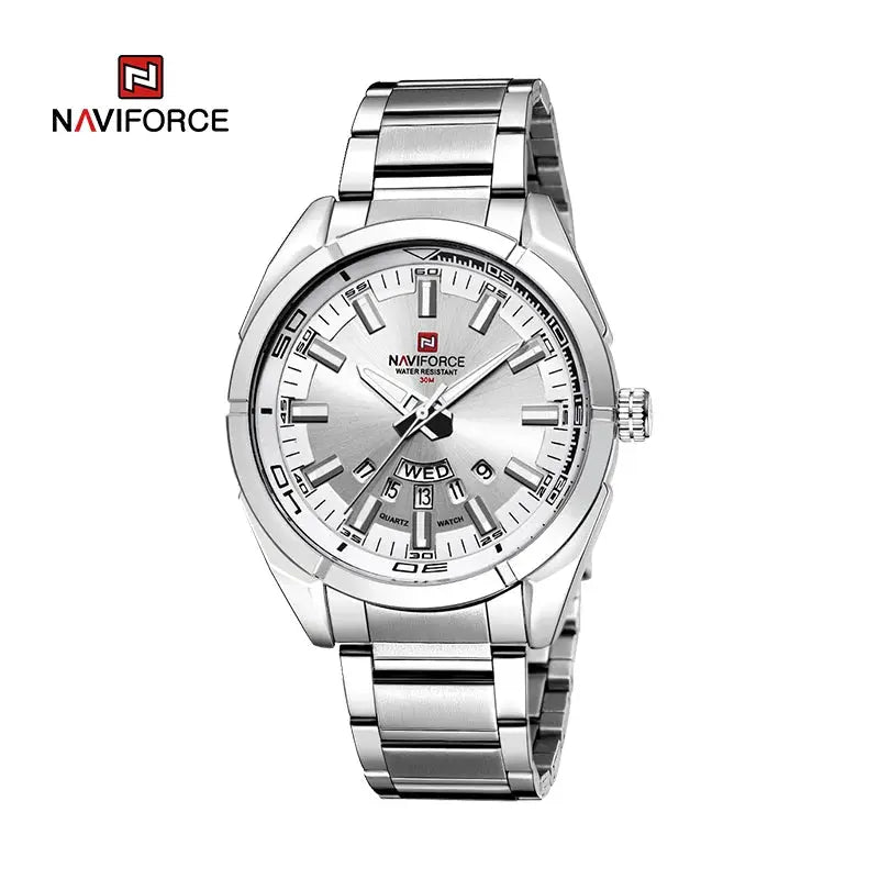 NAVIFORCE men's stainless steel watch with silver dial, day-date display and 30m water resistance
