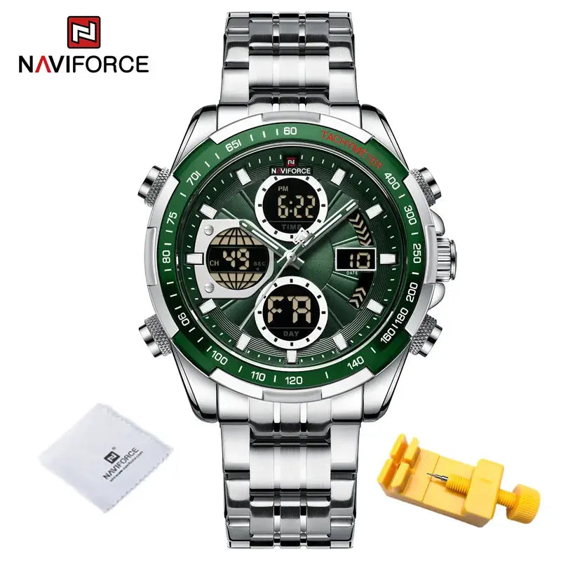 NAVIFORCE men's watch with stainless steel band, green bezel, dual display; includes cleaning cloth and adjustment tool