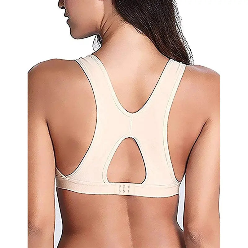 Burvogue women's seamless padded front-closure bra, beige racerback with back keyhole cutout