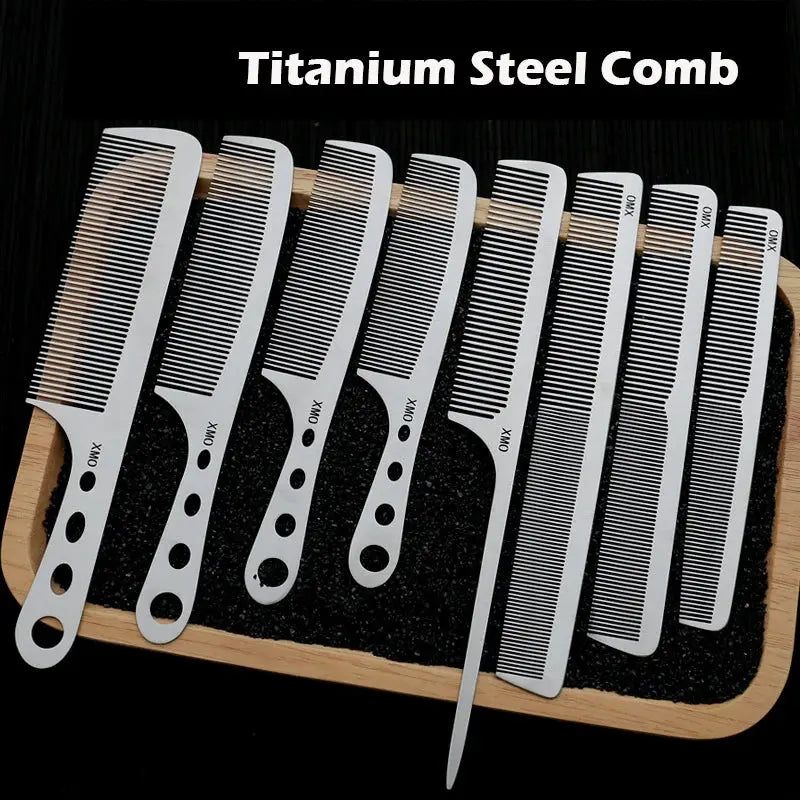 Brainbow titanium steel combs set for salon use; ultra-thin, anti-static barber hairdressing combs displayed on a wooden tray
