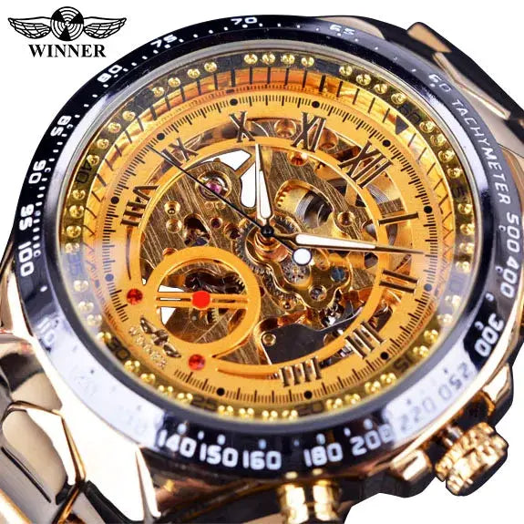 Winner mechanical skeleton watch with gold-tone case, black tachymeter bezel and exposed gears; Winner logo visible.