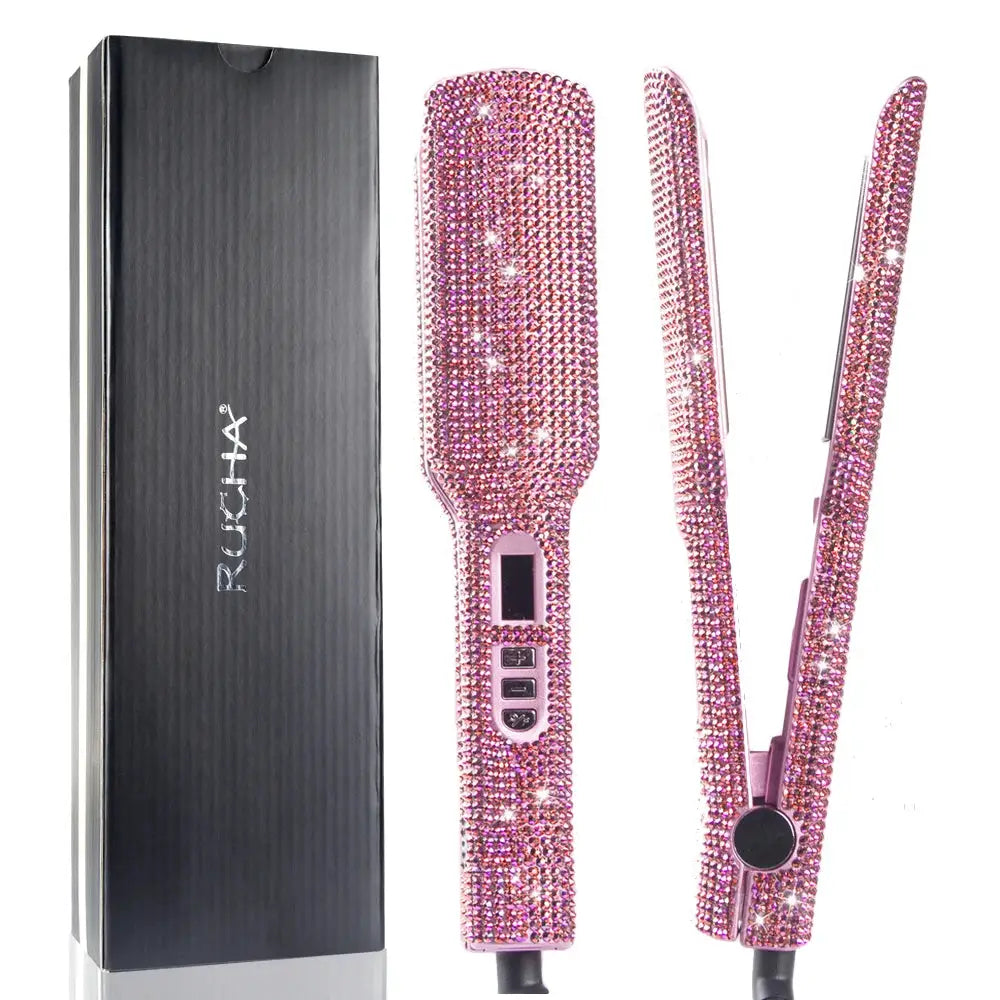 Rhinestone titanium hair straightener with 2-inch plates, pink finish, LCD display; dual voltage (3 items) Simples Market