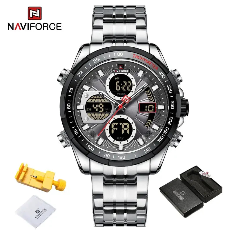 Naviforce men's stainless steel sport watch with dual display, tachymeter bezel, waterproof; includes 3 accessories