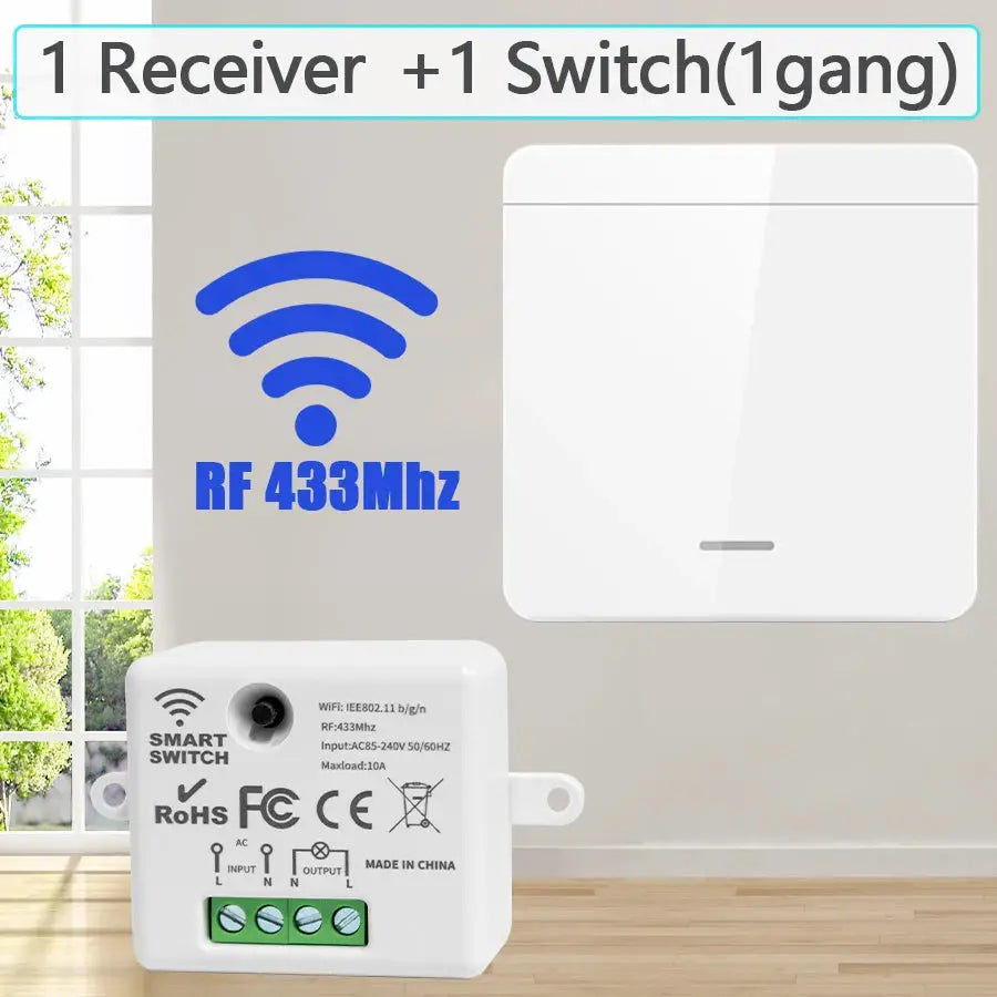 White wireless RF433 smart switch set: 1 receiver + 1 wall switch