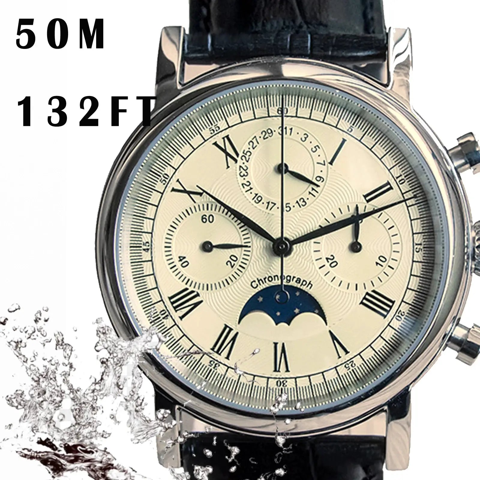 Sugess ST1908 men's mechanical chronograph watch with moonphase calendar, silver case, black leather strap.