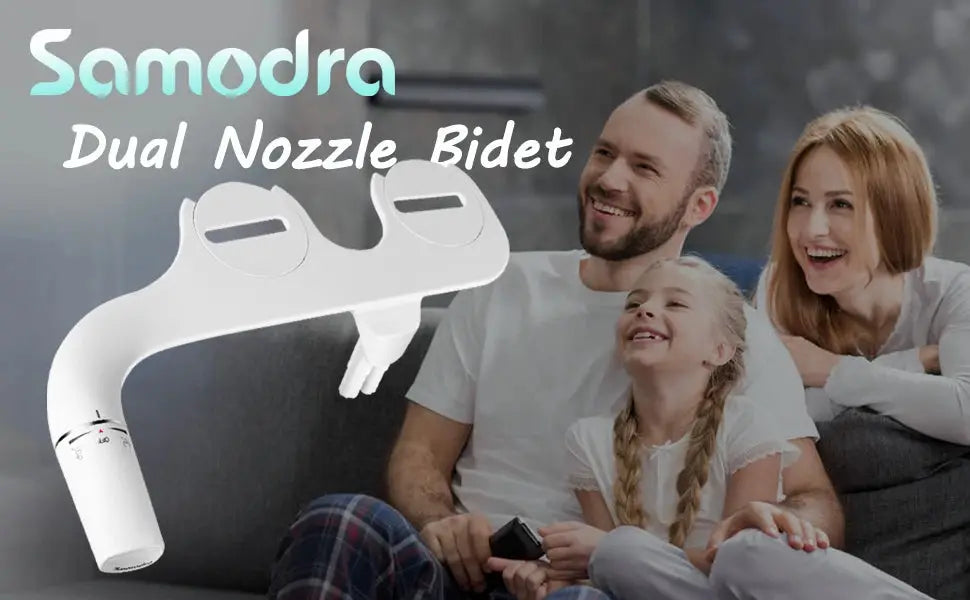 Samodra dual nozzle bidet attachment, white plastic, non-electric.