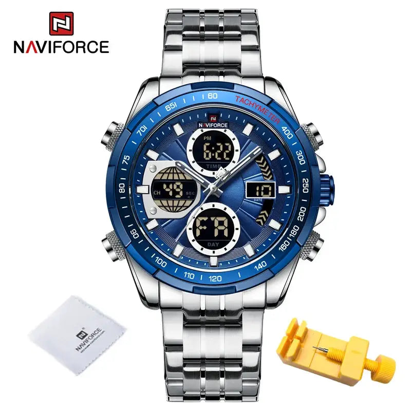 NAVIFORCE men's stainless steel sports watch with blue dial and tachymeter; includes cleaning cloth and tool.