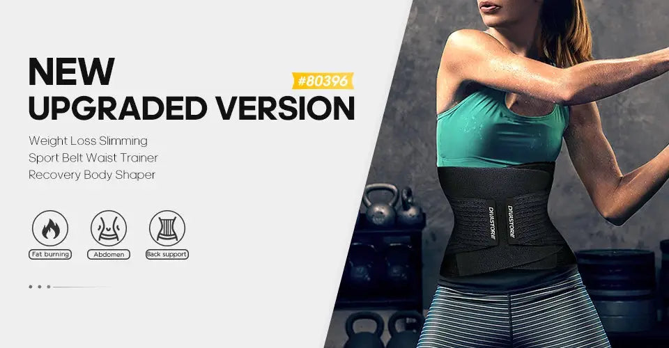 Waist trainer belt worn by woman in gym; black adjustable cincher by Simples Market