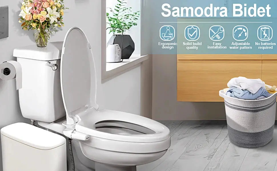 SAMODRA bidet attachment on white toilet seat; ultra-slim, dual nozzles, adjustable water pressure, non-electric by Simples Market