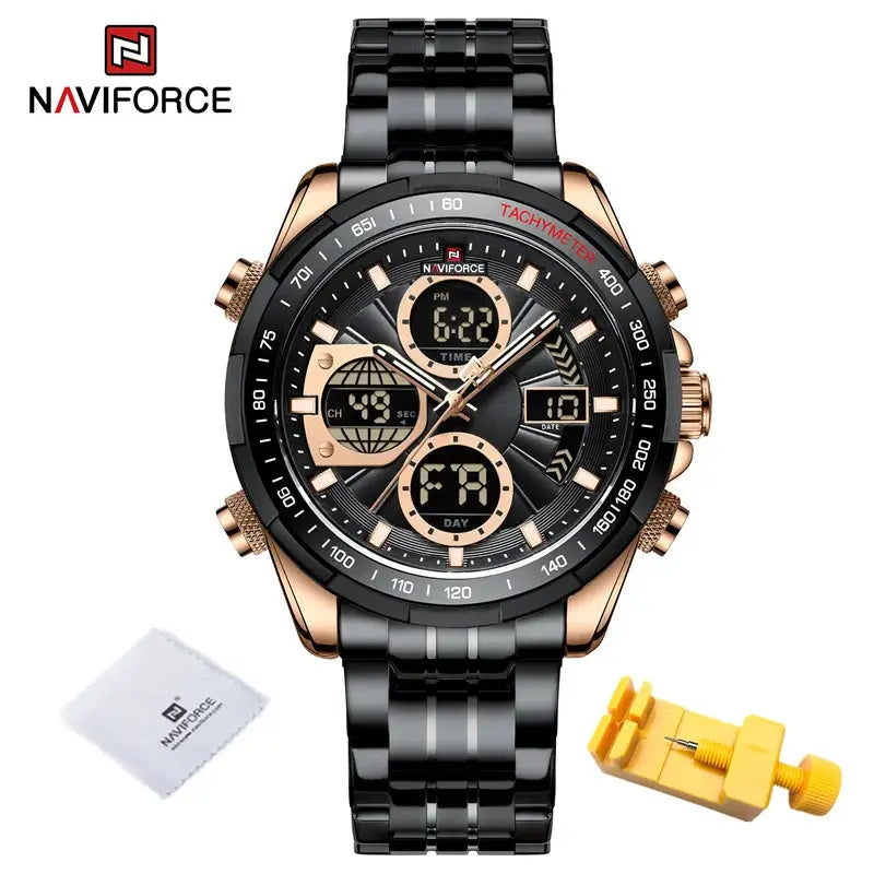 NAVIFORCE men's wristwatch with black rose-gold stainless steel band, dual digital-analog display, tachymeter bezel.