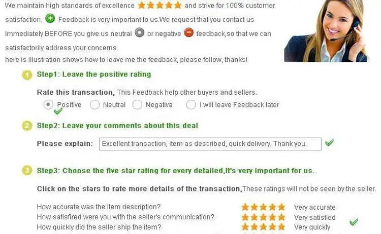 Customer feedback instructions screenshot with rating steps and a smiling woman portrait.