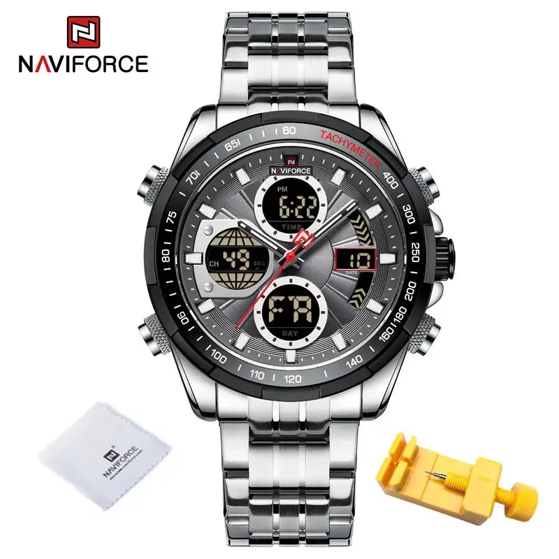 NAVIFORCE men's stainless steel wristwatch with dual display, waterproof, luminous, tachymeter bezel