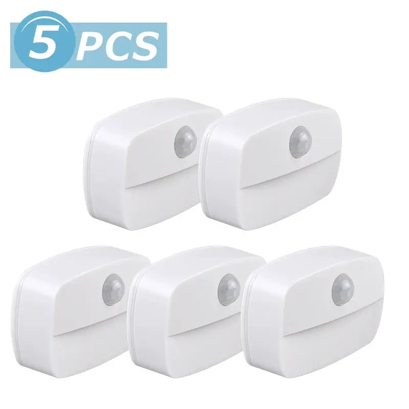 5-pack white wireless LED motion sensor night lights, plug-in for bedroom, stairs, and closet