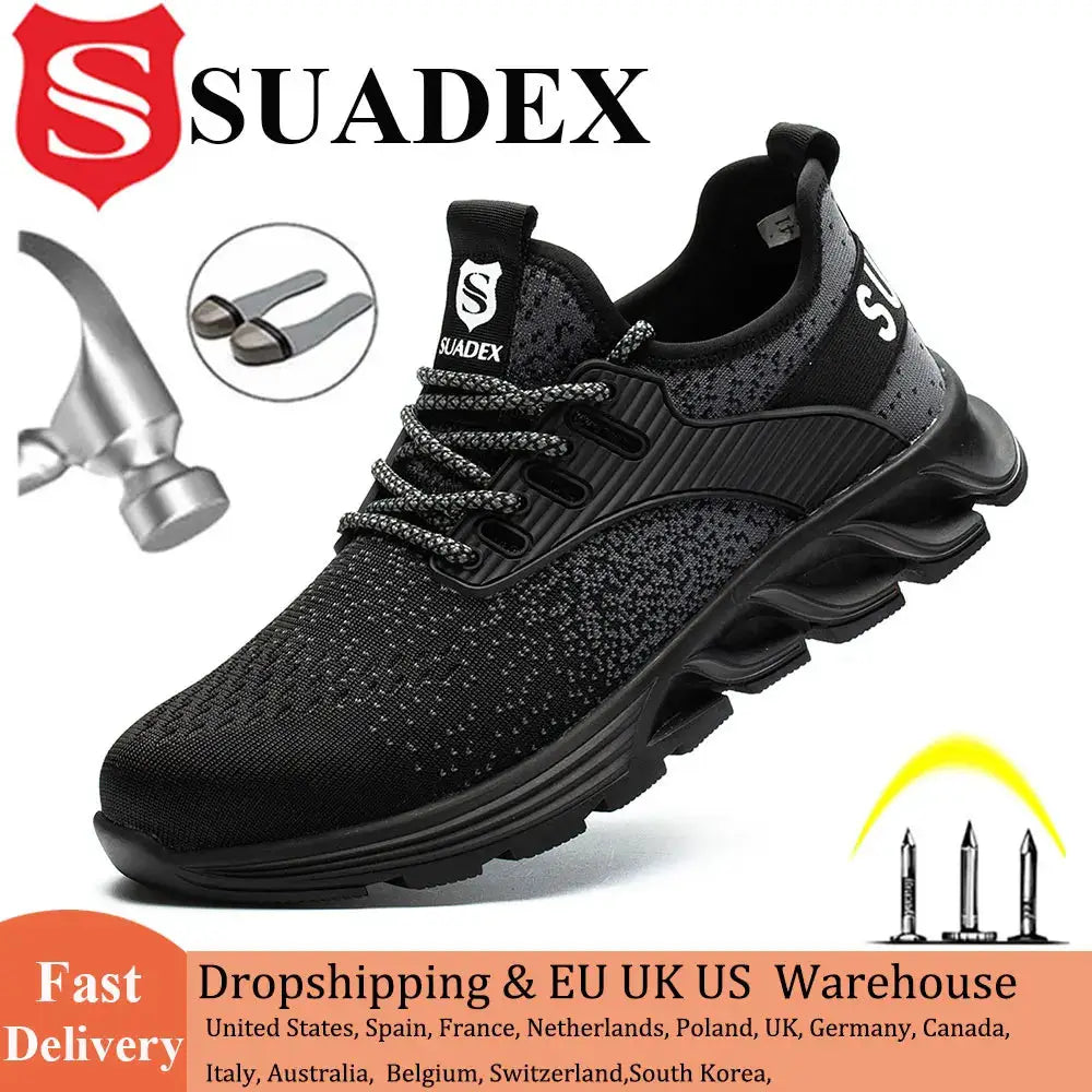 SUADEX safety shoes, black steel-toe work sneakers with breathable knit upper by Simples Market.