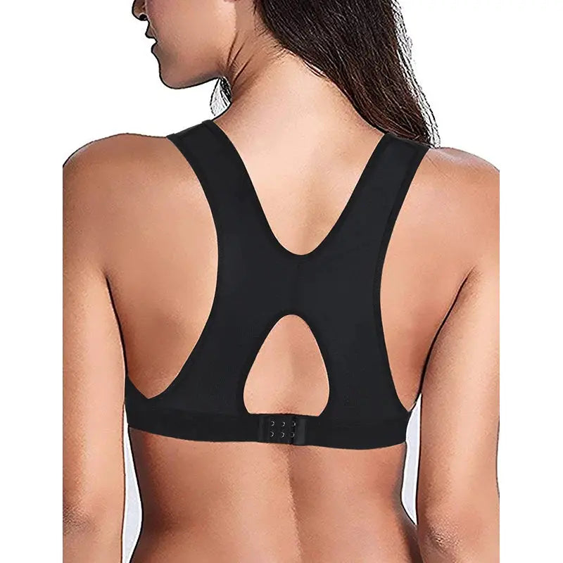 Burvogue black racerback bra with back keyhole cutout and adjustable hook closure