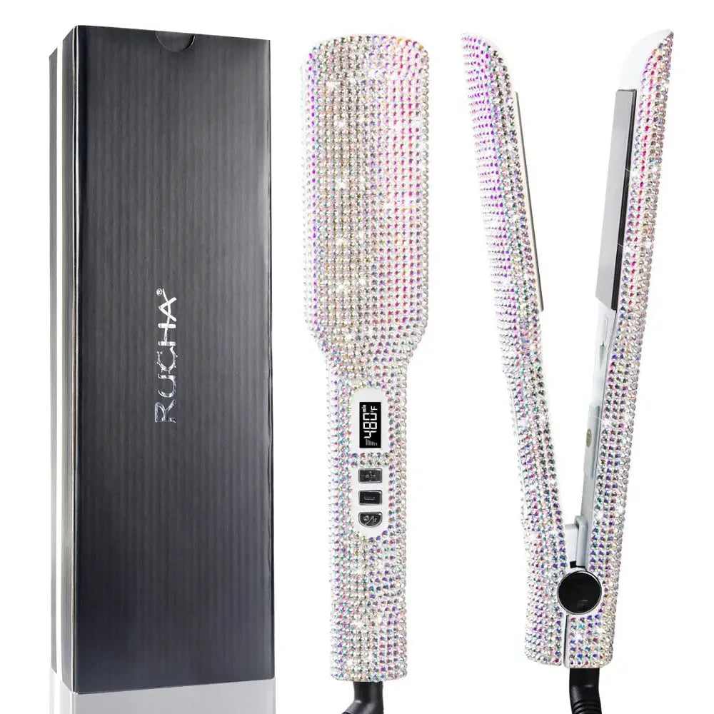 Rhinestone titanium hair straightener with 2-inch plates, LCD display, dual voltage